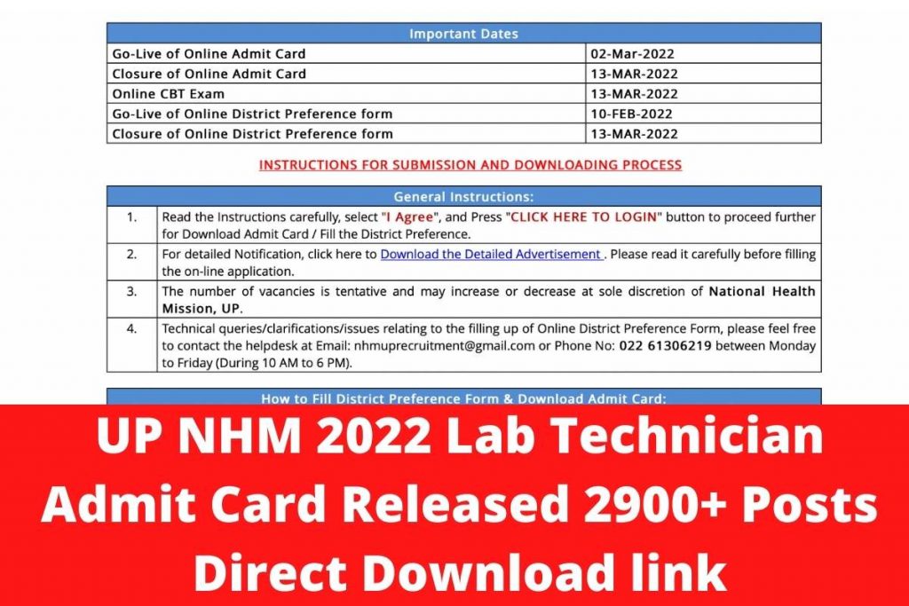 UP NHM 2022 Lab Technician Admit Card Released 2900+ Posts Direct Download Link @upnrhm.gov.in