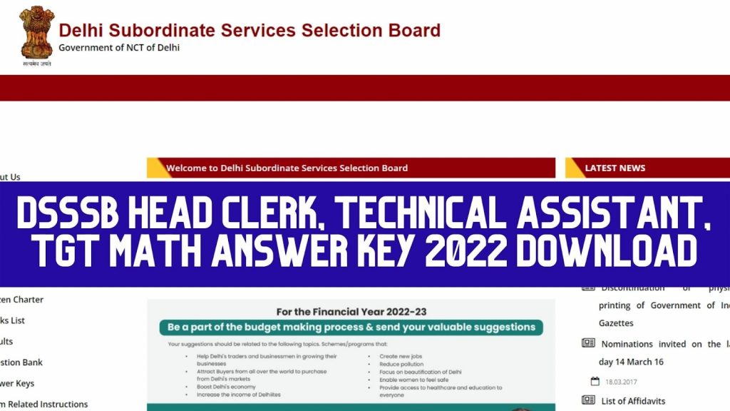 DSSSB Head Clerk, Technical Assistant, TGT Math Answer Key 2022 Download