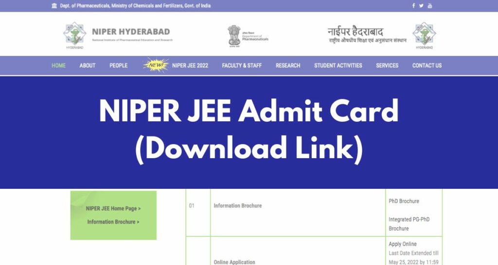 NIPER JEE Admit Card 2022 - www.niperhyd.ac.in Download Link
