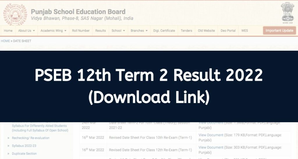 PSEB 12th Term 2 Result 2022 - pseb.ac.in Class 12 Semester 2 Exam Results Download Link