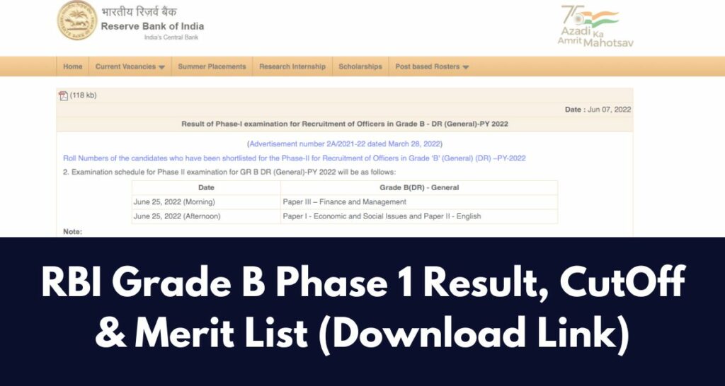 RBI Grade B Phase 1 Result 2022 - opportunities.rbi.org.in CutOff & Merit List Download Link