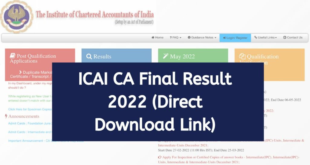 ICAI CA Final Result 2022 - caresults.icai.org Scorecard Direct Download Link, Pass Percentage
