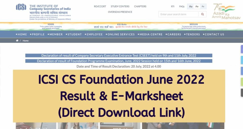 ICSI CS Foundation June 2022 Result - www.icsi.edu E-Marksheet Direct Download Link