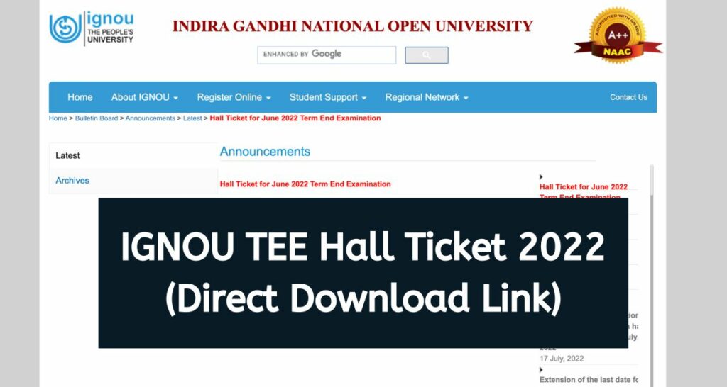 IGNOU TEE Hall Ticket 2022 - www.ignou.ac.in Admit Card Direct Download Link