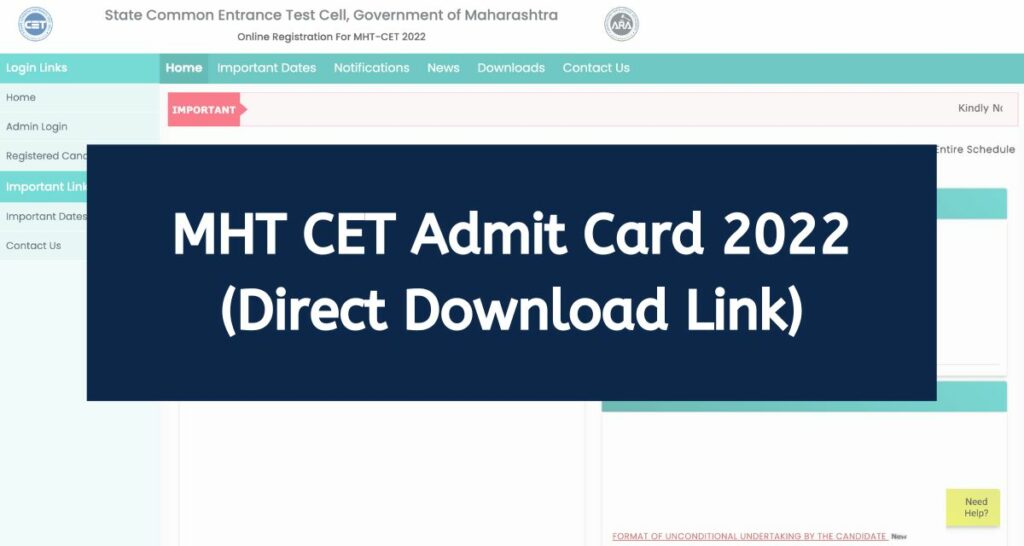 MHT CET Admit Card 2022 - mhtcet2022.mahacet.org PCM Hall Ticket Direct Download Link