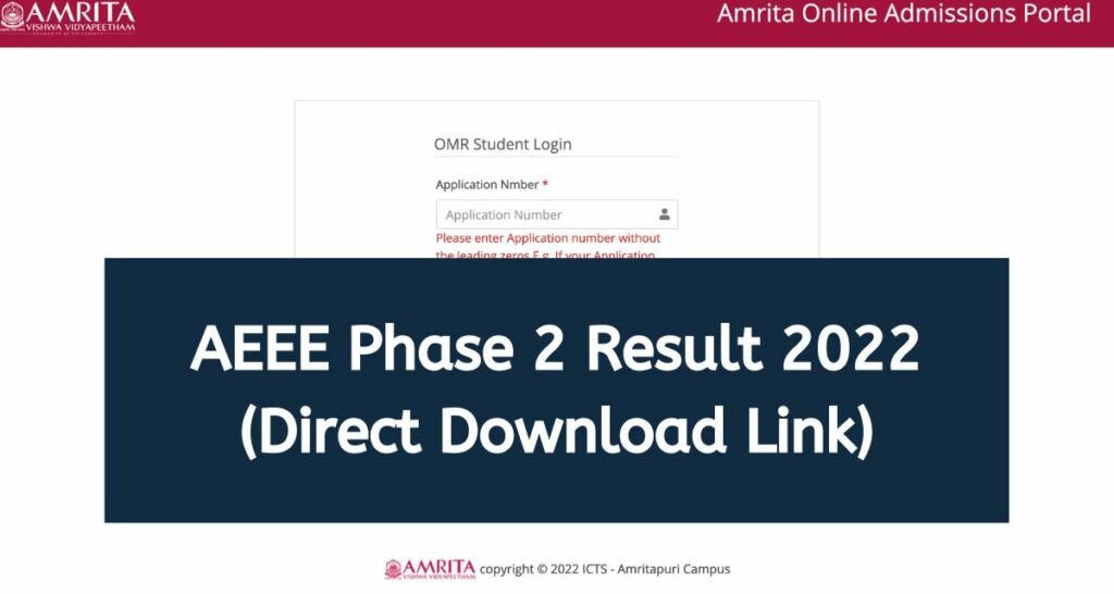 AEEE 2022 Result Phase 2 - www.amrita.edu Scorecard, Rank List Direct Download Link