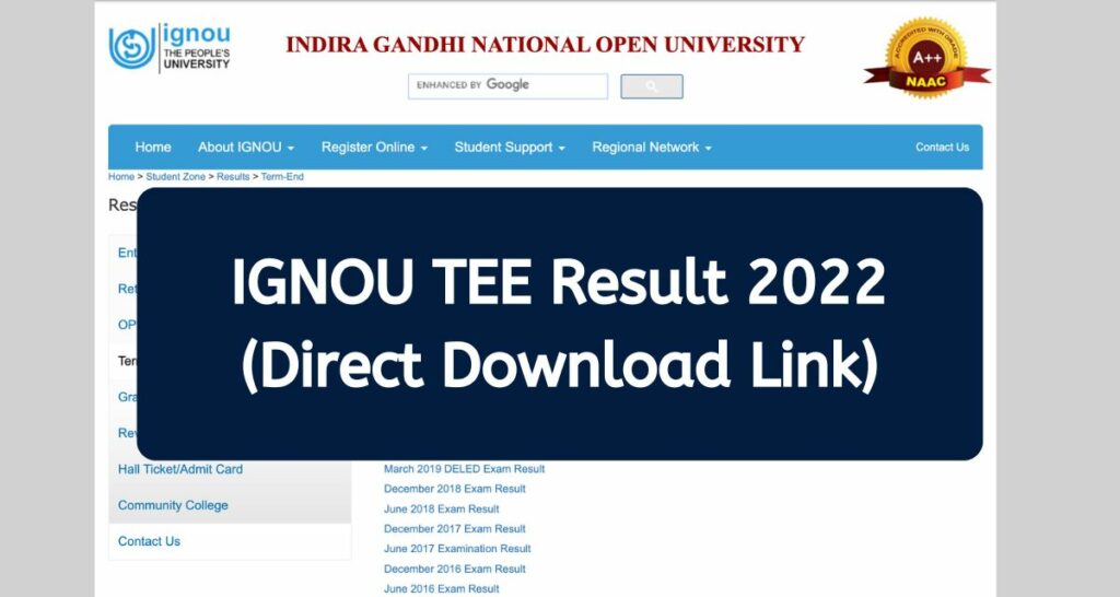 IGNOU TEE Result 2022 - www.ignou.ac.in June Term End Exam Results Direct Download Link