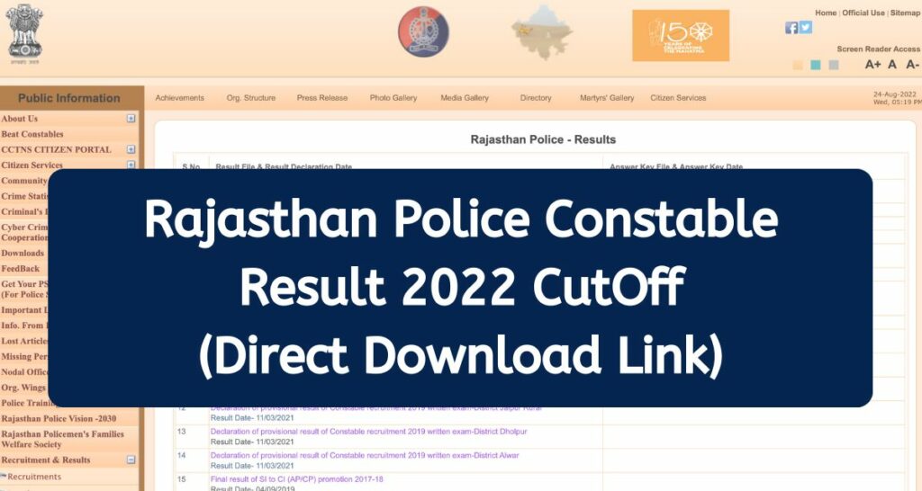 Rajasthan Police Constable Result 2022 - www.police.rajasthan.gov.in CutOff, Merit List Direct Download Link