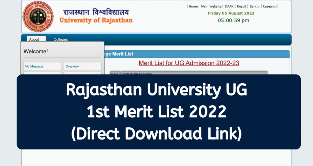 Rajasthan University UG 1st Merit List 2022 - admission.uniraj.edu.in Admissions College Wise CutOff Direct Download Link