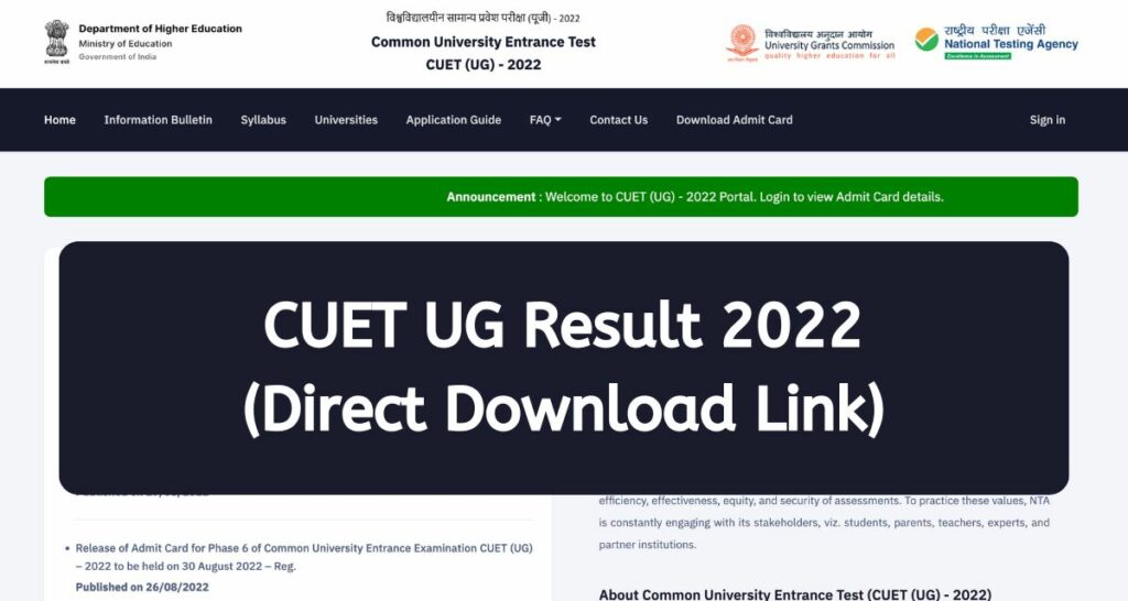 CUET UG Result 2022 - cuet.samarth.ac.in Scorecard & Merit List Direct Download Link