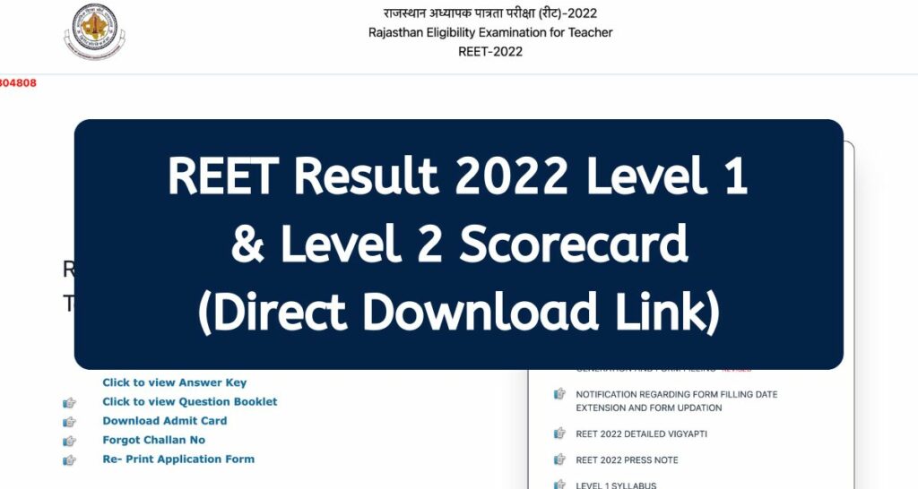 REET Result 2022 - www.reetbser2022.in Level 1 & Level 2 Scorecard Direct Download Link