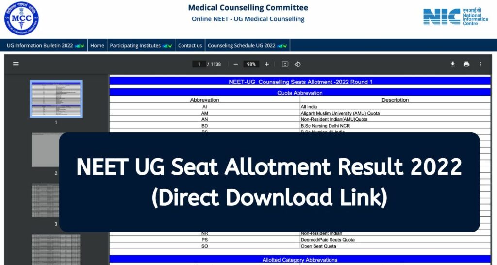 NEET UG Seat Allotment 2022 Result - mcc.nic.in Round 1 Allotment Letter Direct Download Link