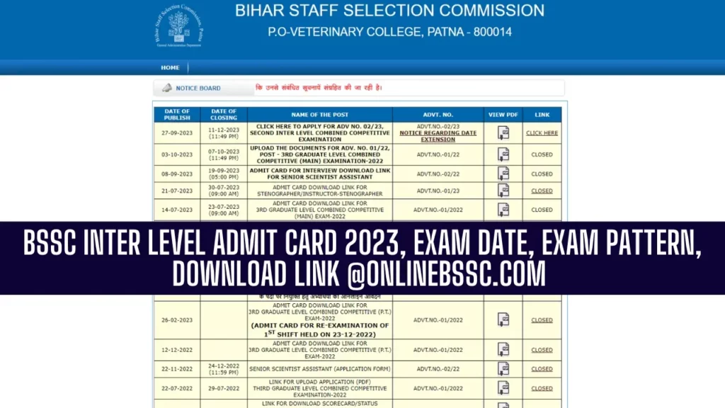 BSSC Inter Level Admit Card 2023, Exam Date, Exam Pattern, Download Link @onlinebssc.com